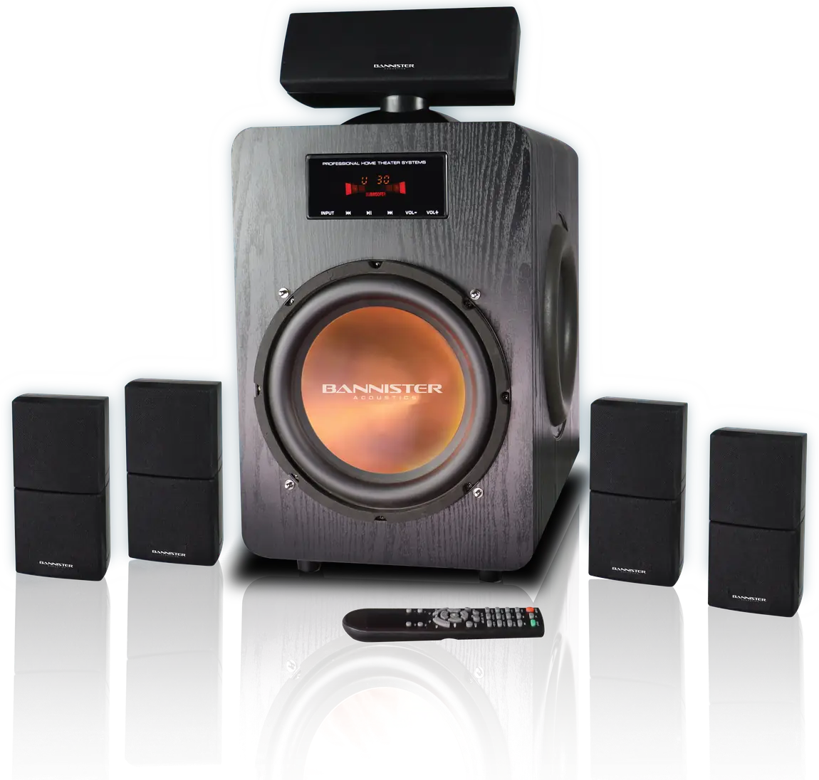 Bannister Acoustics 8800 Elite Series 7.1 home theater system - subwoofer with integrated receiver, center channel, four satellite speakers and remote control